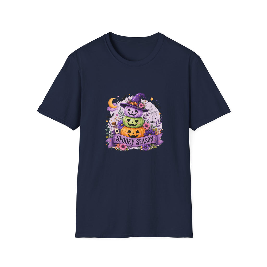 Spooky Season Pumpkin Stack T-Shirt — Cute Halloween Gift for Women Witch Hat Tee