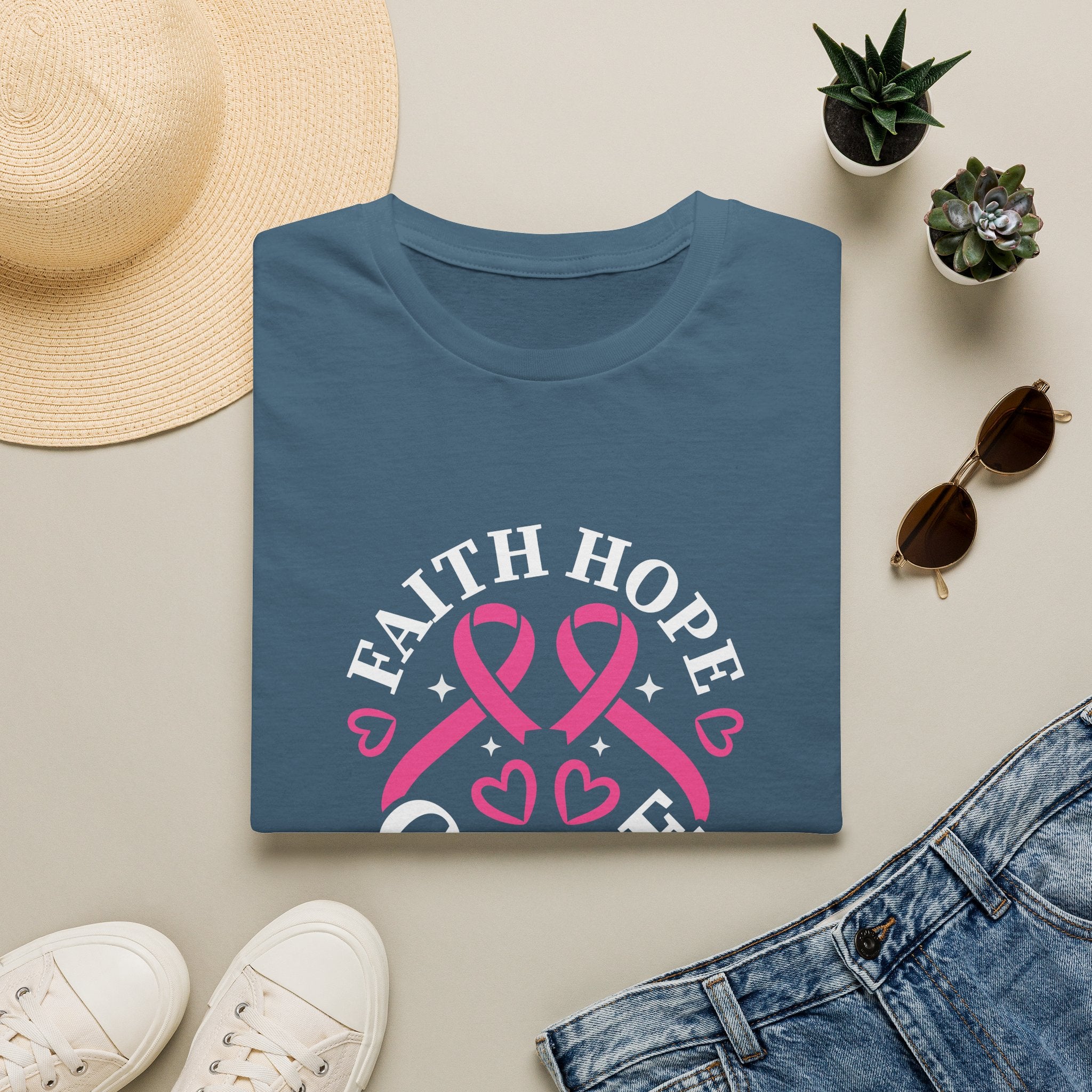 Faith Hope Cure Breast Cancer Awareness T-Shirt — Pink Ribbon Gift for Her Support Graphic Tee
