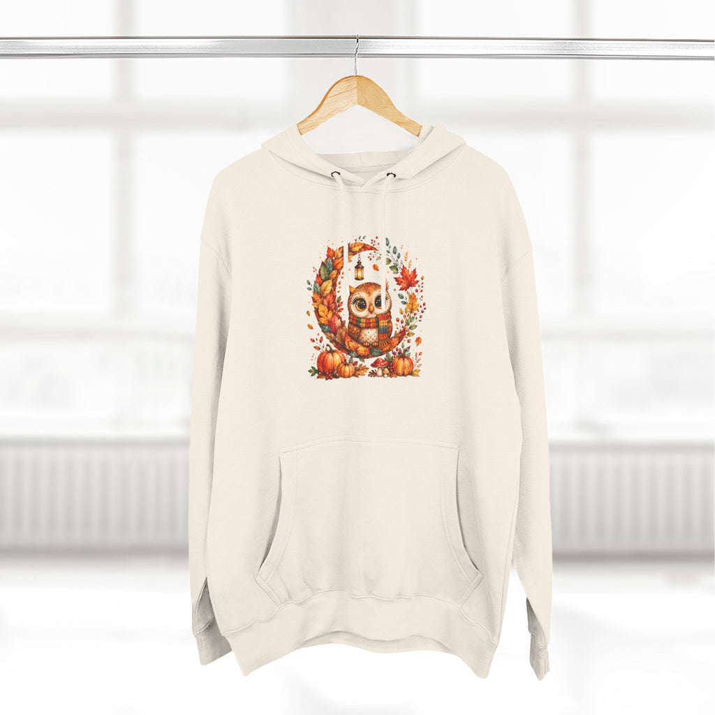 Cozy Autumn Owl Crescent Moon Embroidered Hoodie