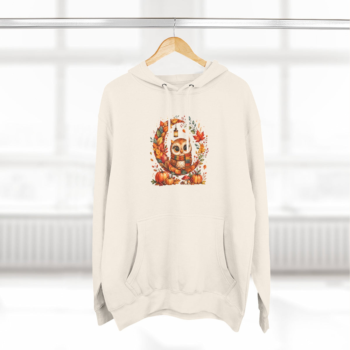 Cozy Autumn Owl Crescent Moon Embroidered Hoodie