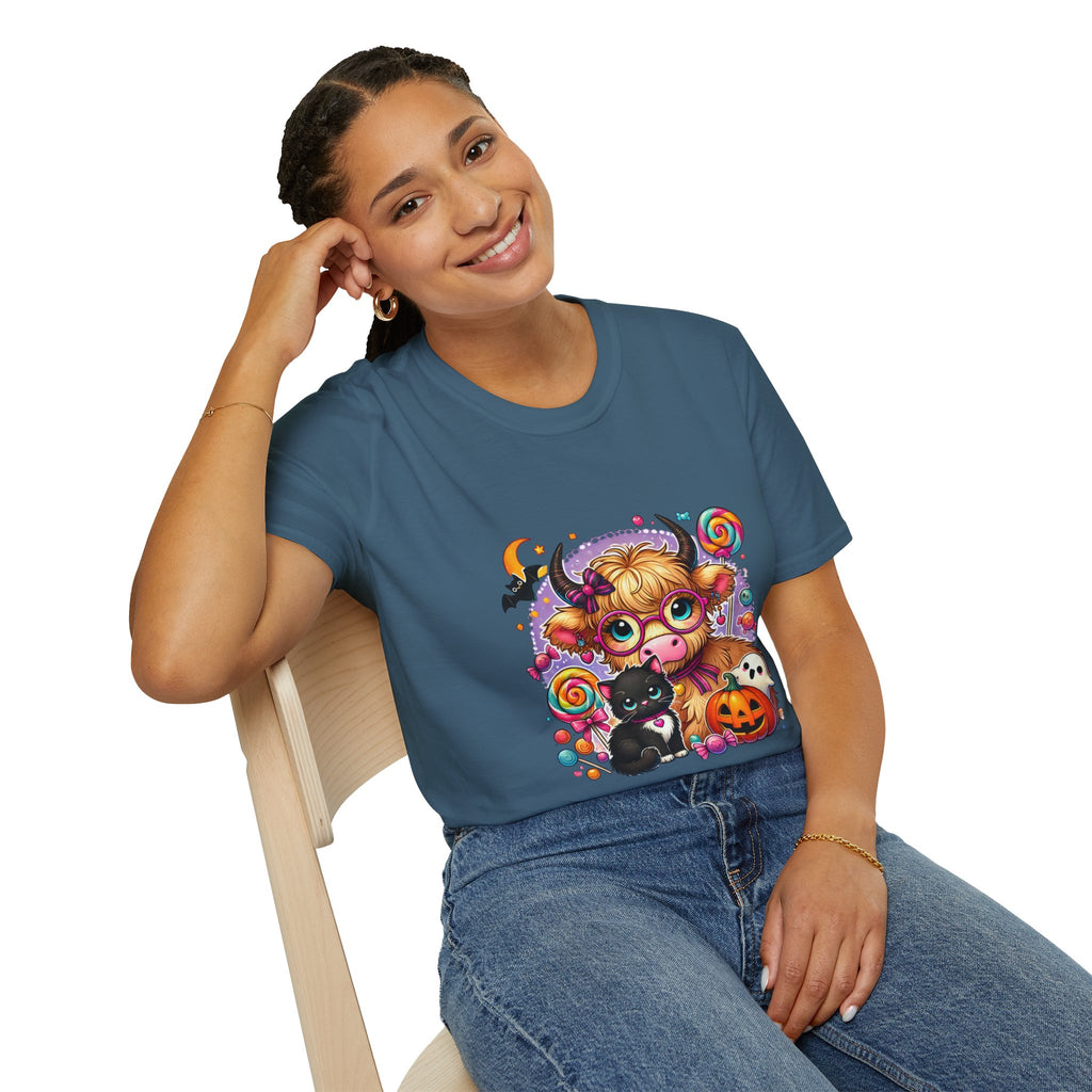Cute Halloween Cow T-Shirt — Funny Gift for Her Candy Pumpkins & Kitty Costume Tee