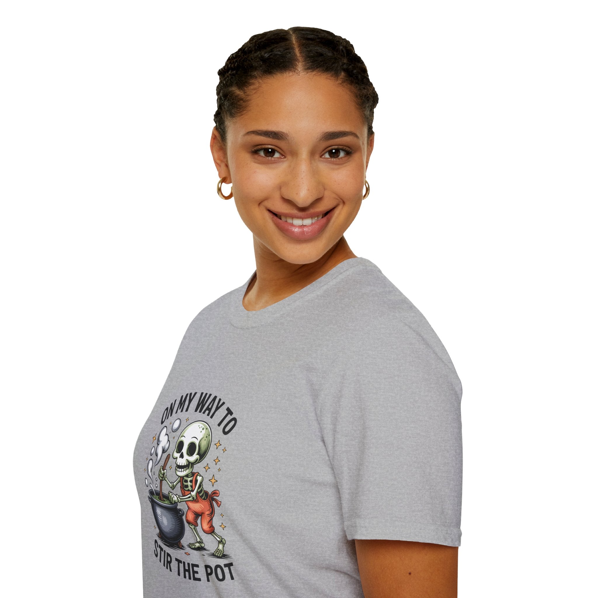On My Way to Stir the Pot Skeleton T-Shirt — Funny Halloween Gift for Women