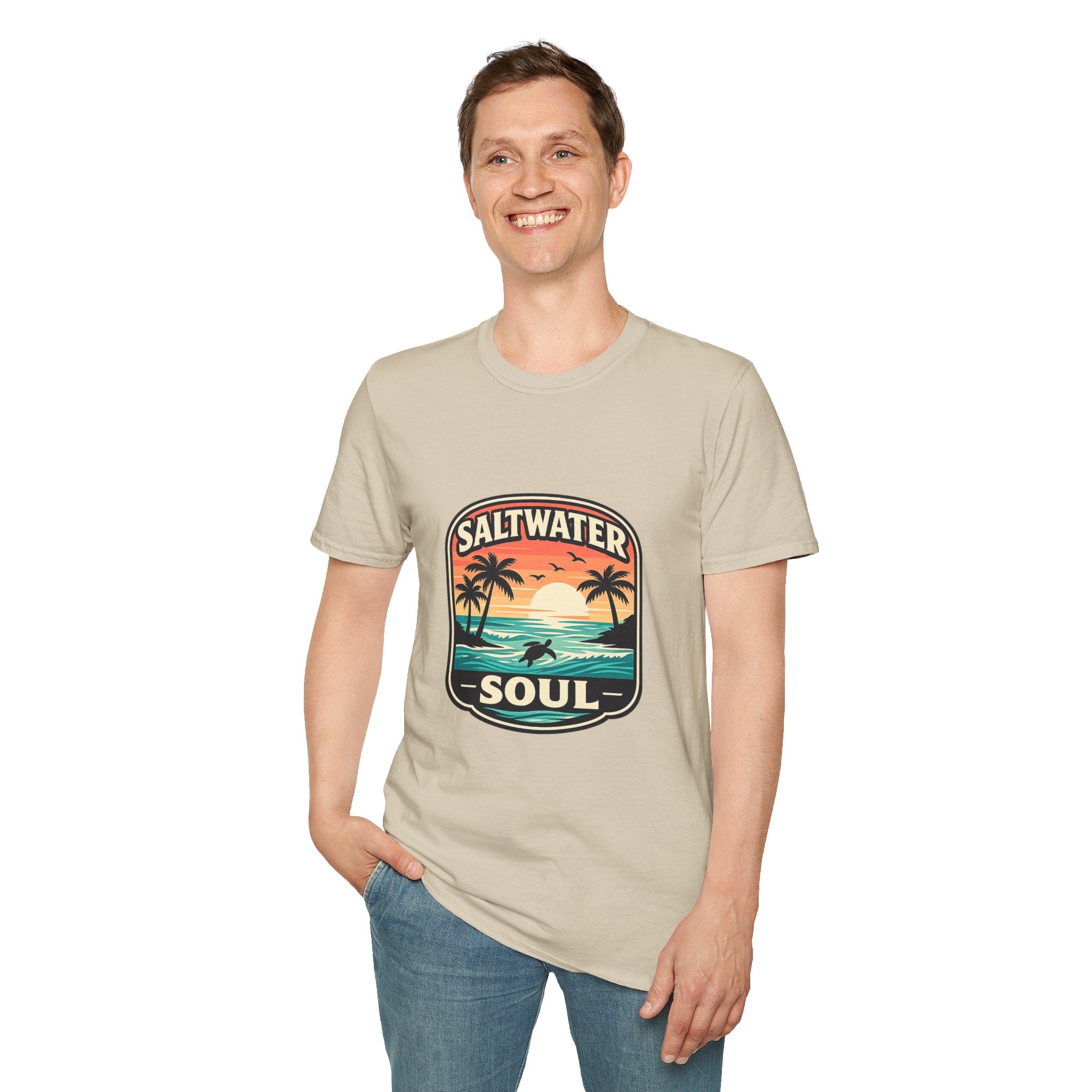 Saltwater Soul Retro Beach T-Shirt — Cute Coastal Gift for Women Sunset Palm Tee