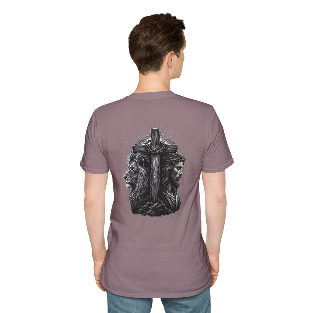 Cross Lion and Jesus Back Print T-Shirt — Wood Cross Chest Christian Faith Graphic