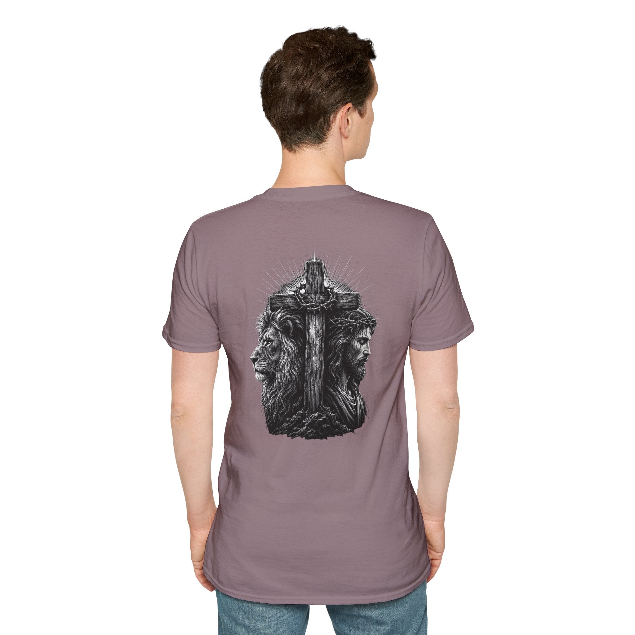 Cross Lion and Jesus Back Print T-Shirt — Wood Cross Chest Christian Faith Graphic