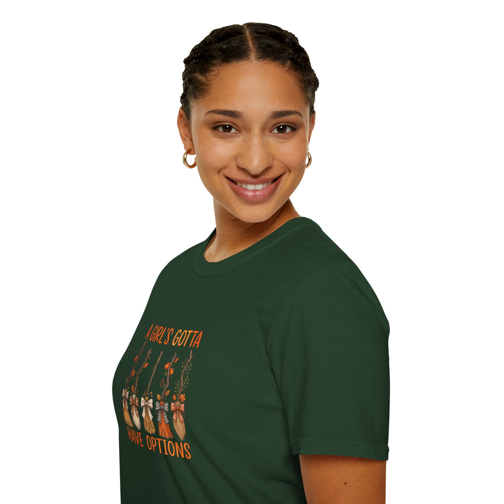 A Girl's Gotta Have Options Witch Brooms T-Shirt — Funny Halloween Gift for Women