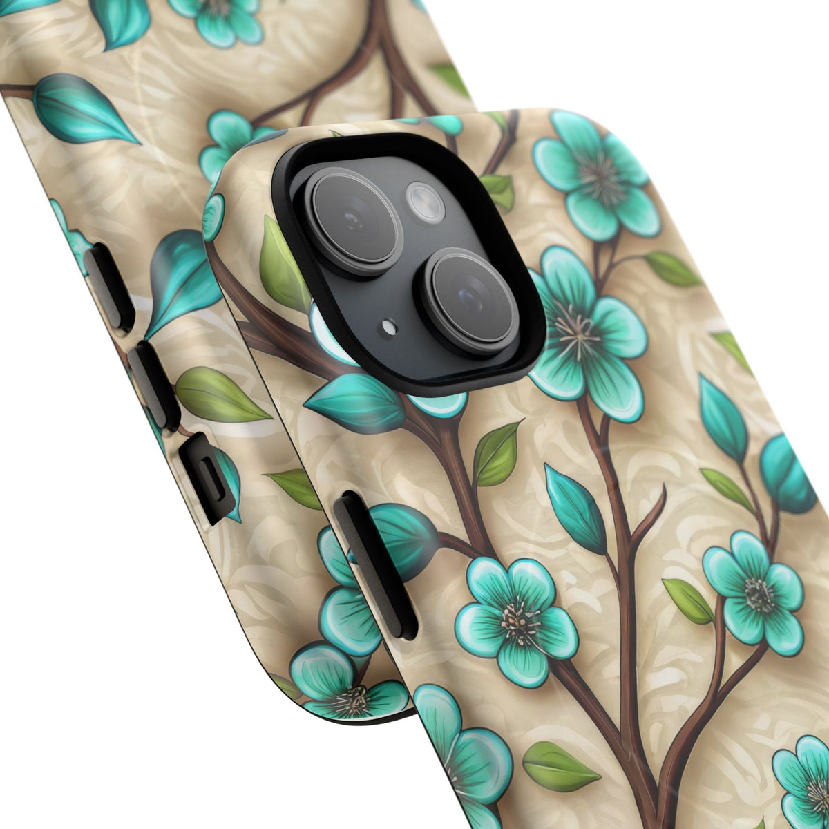 Floral Teal Blossom Tough Magnetic iPhone Case — MagSafe Protective Cover