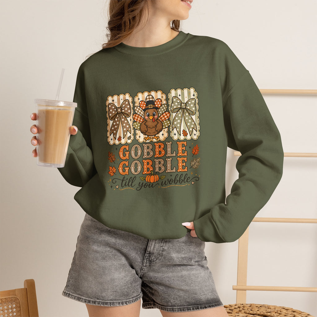 Thanksgiving Crewneck Sweatshirt — "Gobble Gobble 'til You Wobble" Turkey Design