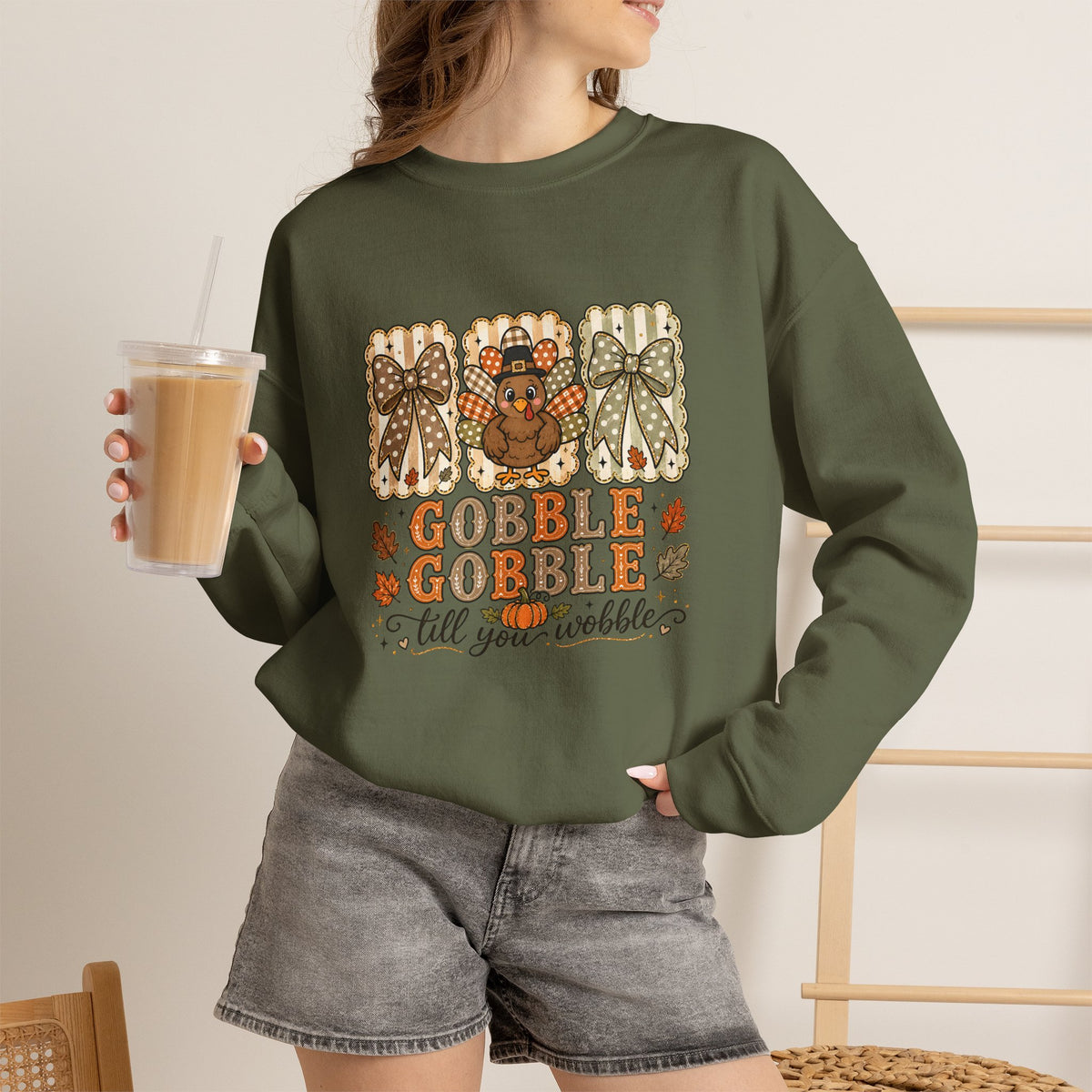 Thanksgiving Crewneck Sweatshirt — "Gobble Gobble 'til You Wobble" Turkey Design