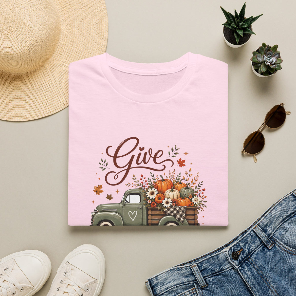 Give Thanks Fall Truck T-Shirt — Pumpkin Harvest Autumn Tee