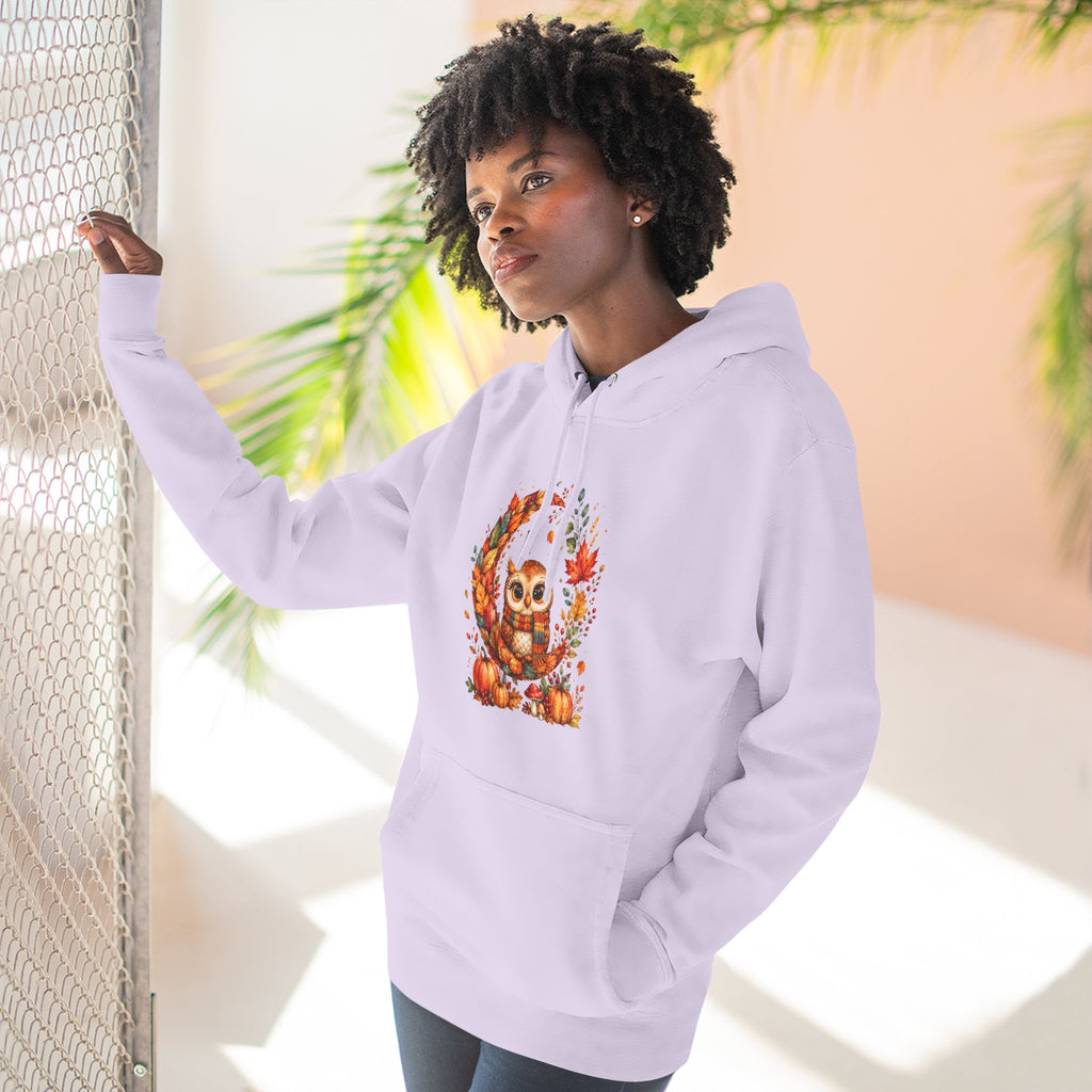 Cozy Autumn Owl Crescent Moon Embroidered Hoodie