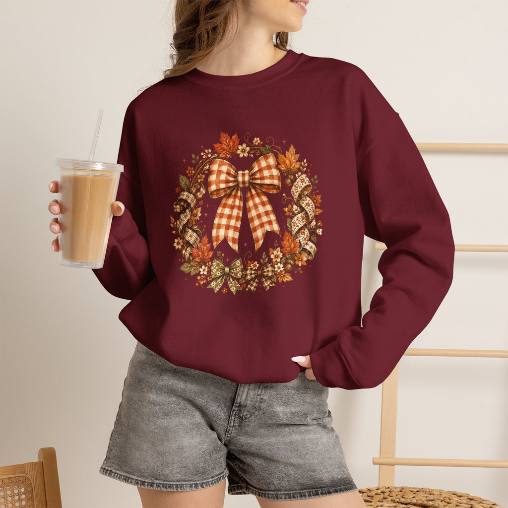 Cozy Autumn Plaid Bow Wreath Crewneck Sweatshirt