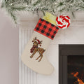 Buffalo Plaid Cuffed Christmas Stocking with Festive Fawn Holiday Mantel Decor