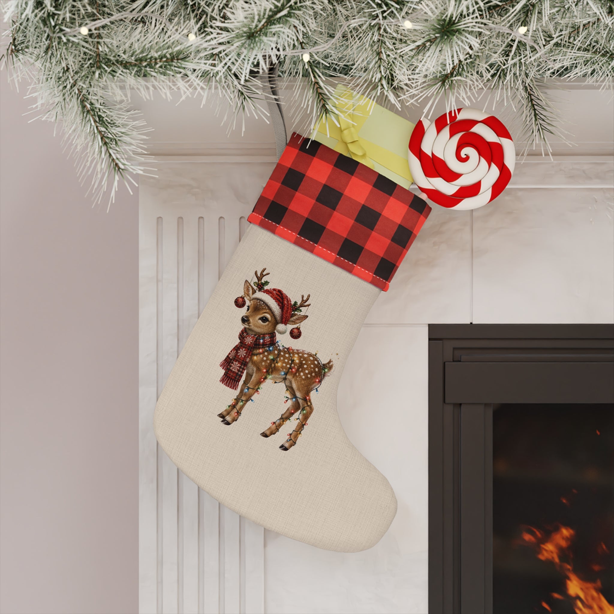 Buffalo Plaid Cuffed Christmas Stocking with Festive Fawn Holiday Mantel Decor