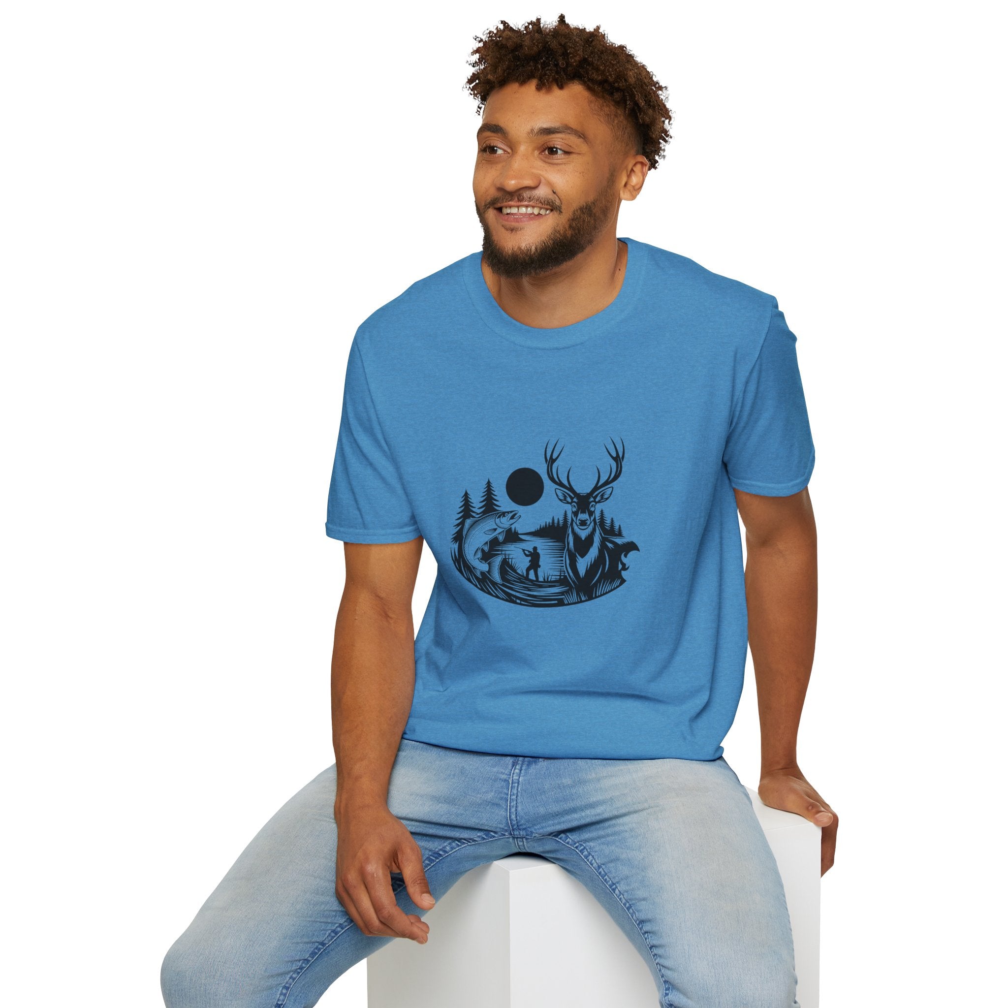 Deer & Fish Forest Silhouette T-Shirt — Rustic Outdoor Gift for Hunters Graphic Tee