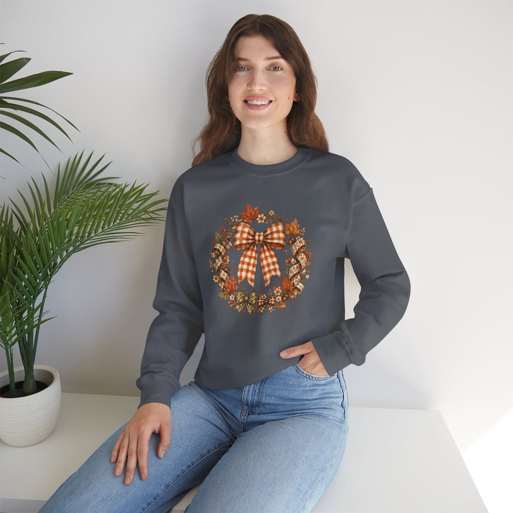 Cozy Autumn Plaid Bow Wreath Crewneck Sweatshirt