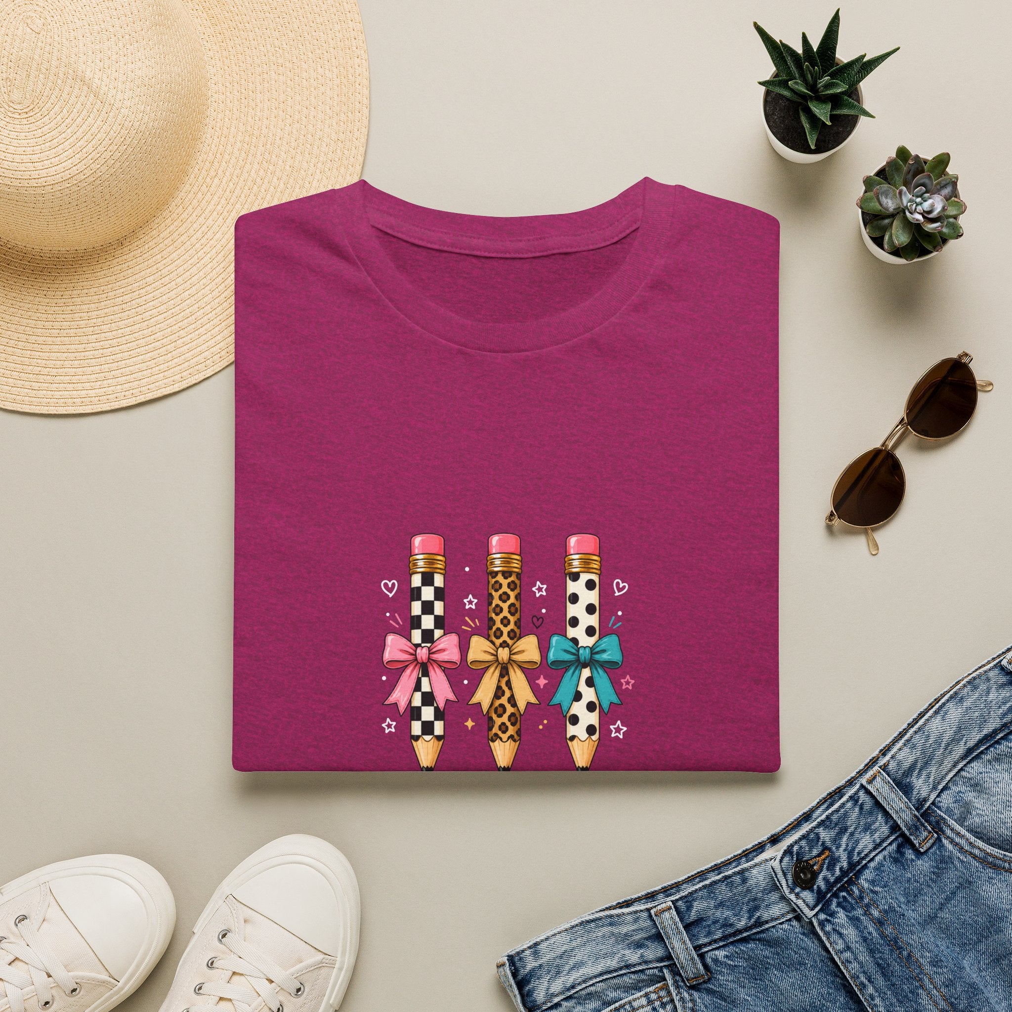 Pencil Trio Graphic T-Shirt — Cute Patterned Pencils with Bows