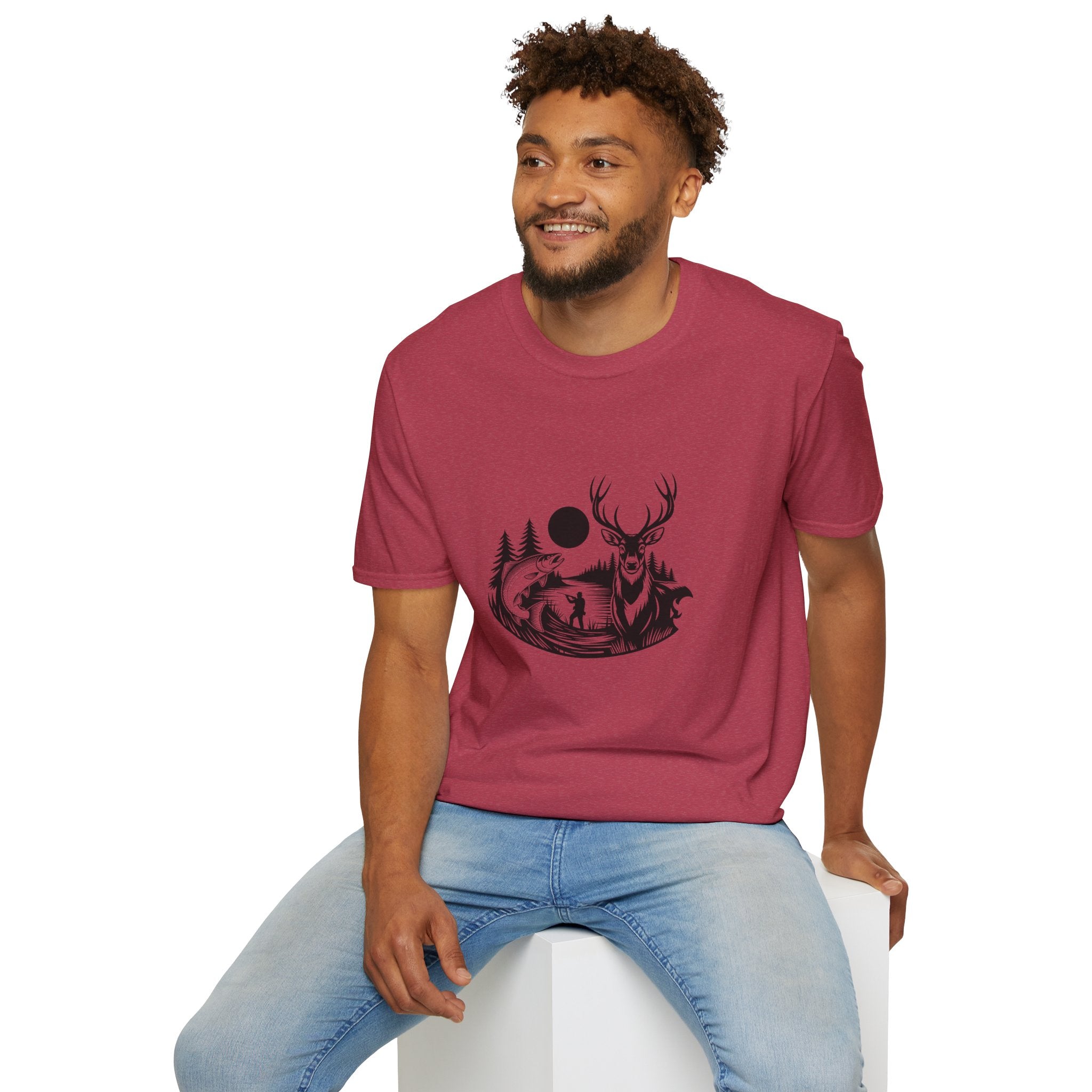 Deer & Fish Forest Silhouette T-Shirt — Rustic Outdoor Gift for Hunters Graphic Tee