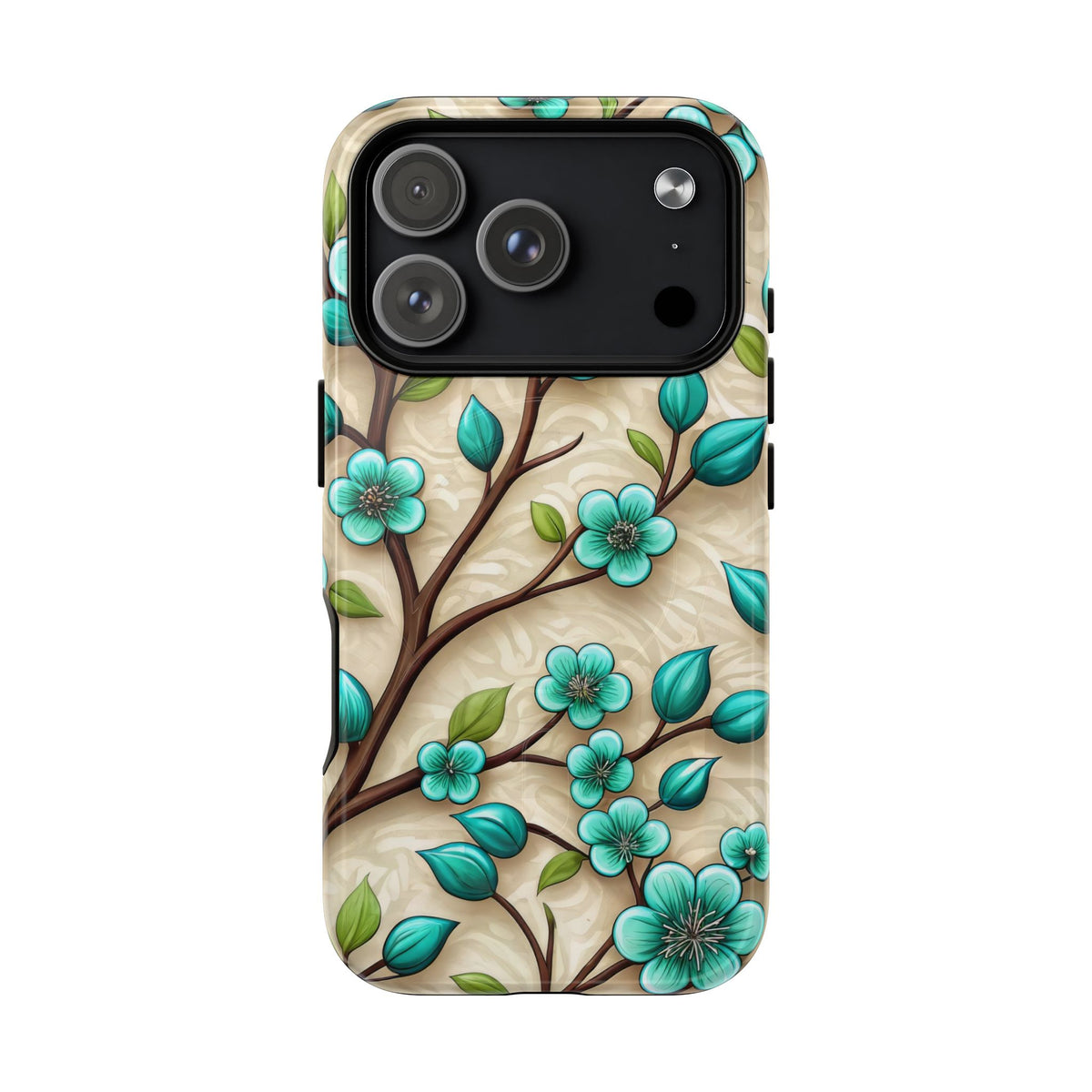Floral Teal Blossom Tough Magnetic iPhone Case — MagSafe Protective Cover