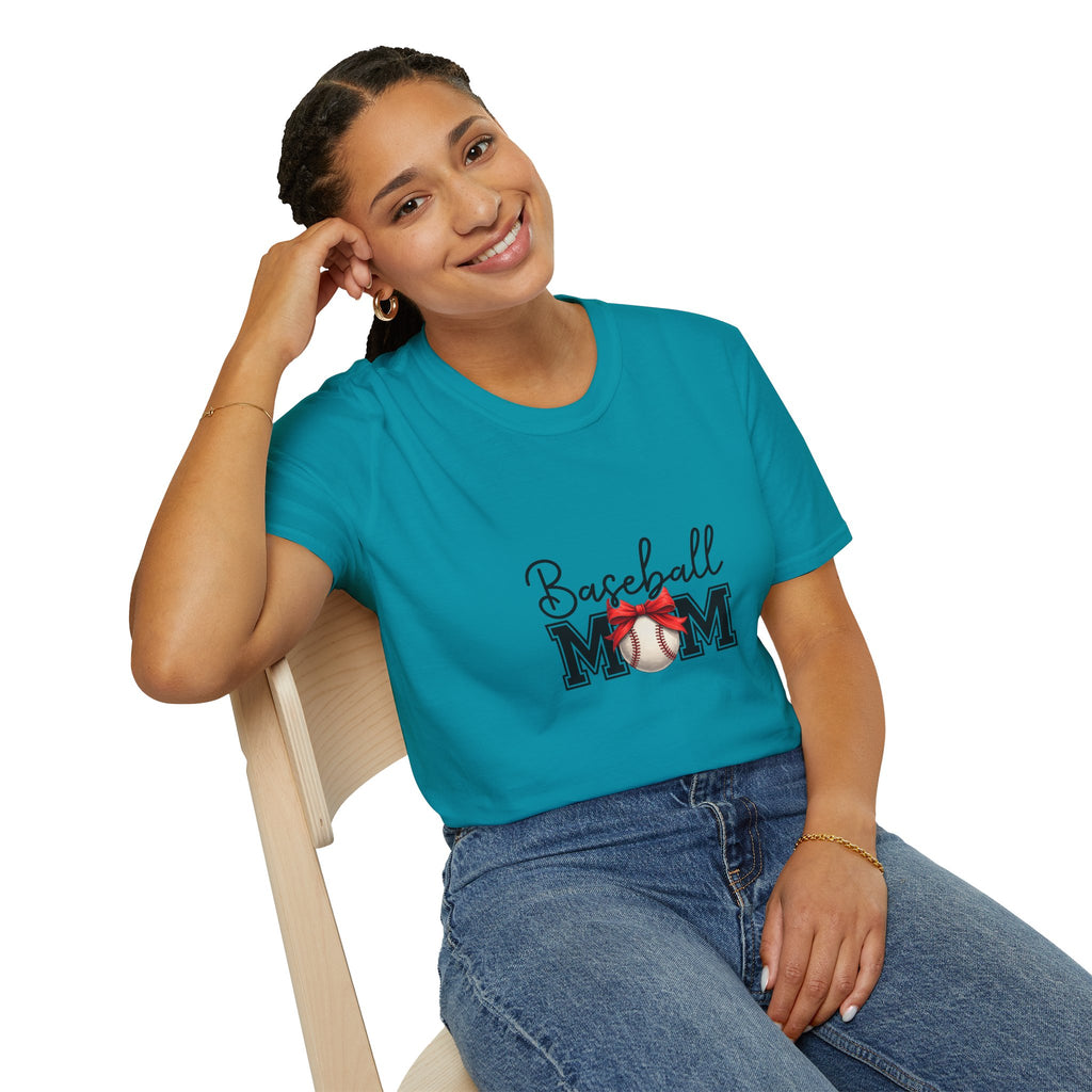 Baseball Mom T-Shirt — Cute Red Bow Gift for Sports Moms Game Day Graphic Tee