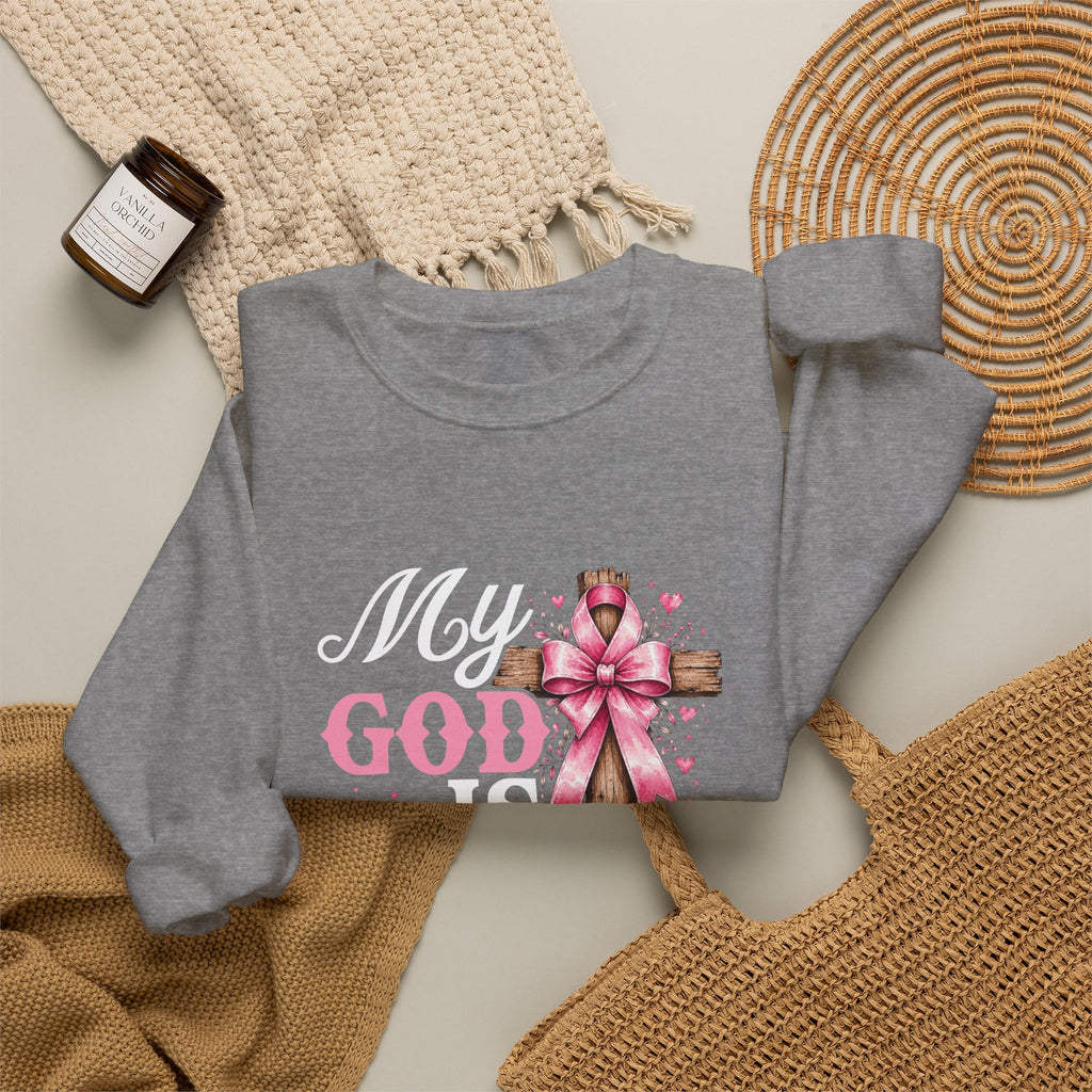 My God Is Bigger Than Cancer Breast Cancer Awareness Crewneck Sweatshirt