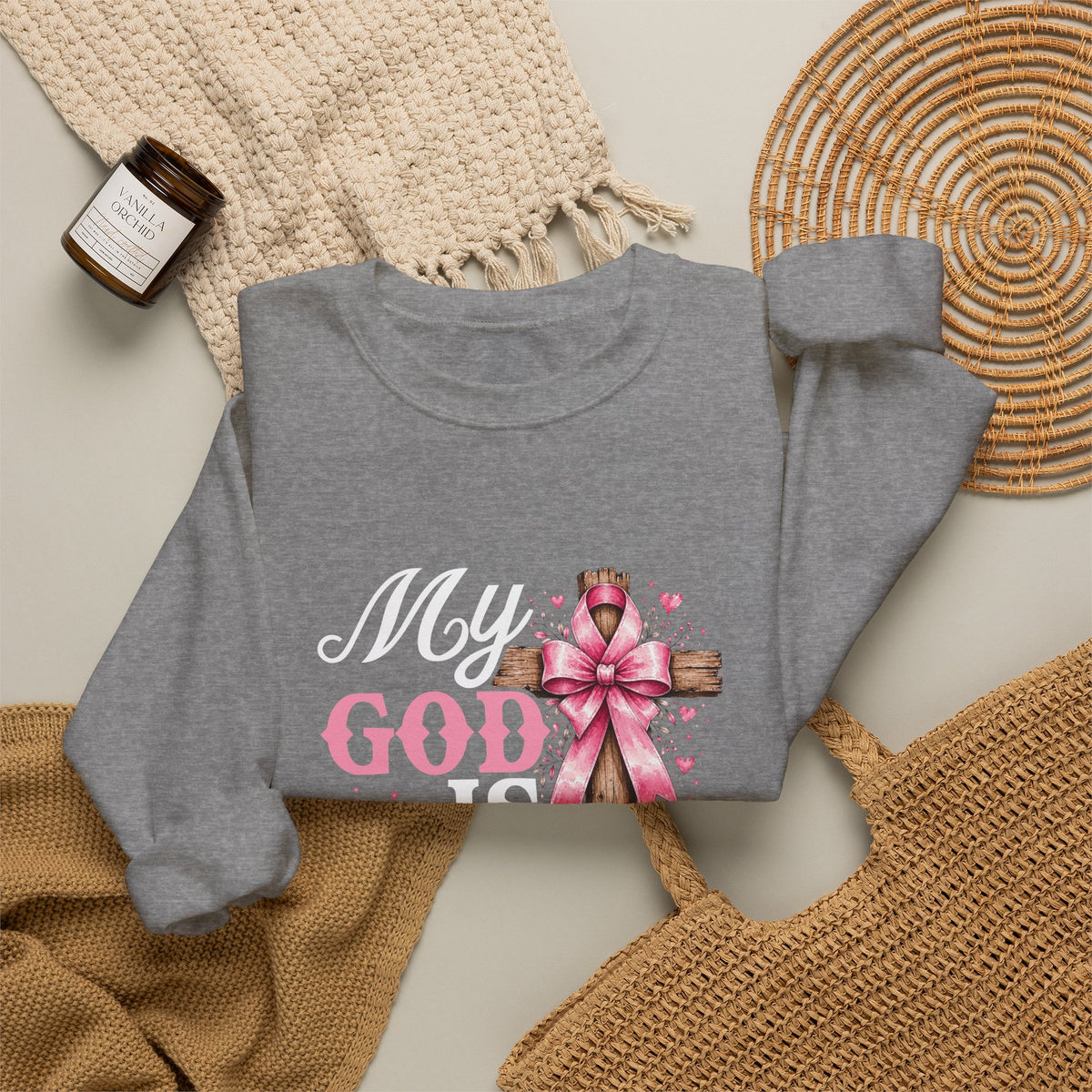 My God Is Bigger Than Cancer Breast Cancer Awareness Crewneck Sweatshirt