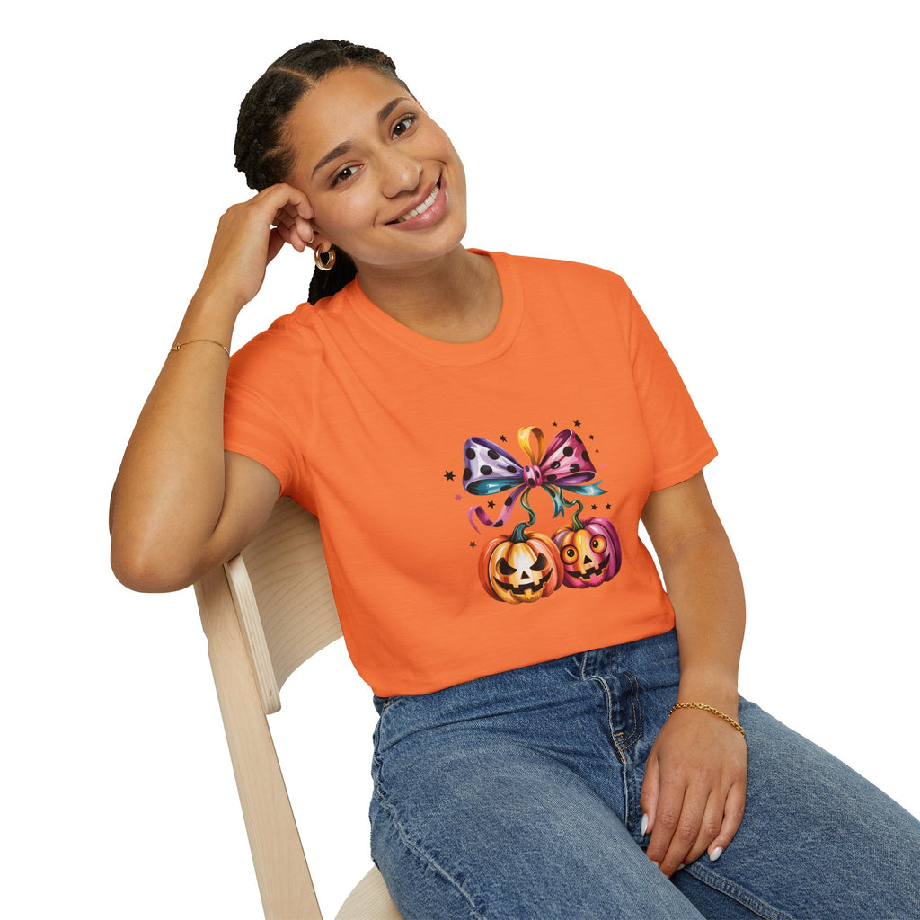 Halloween Pumpkin Bow T-Shirt — Cute Colorful Gift for Women Jack-O'-Lantern Tee