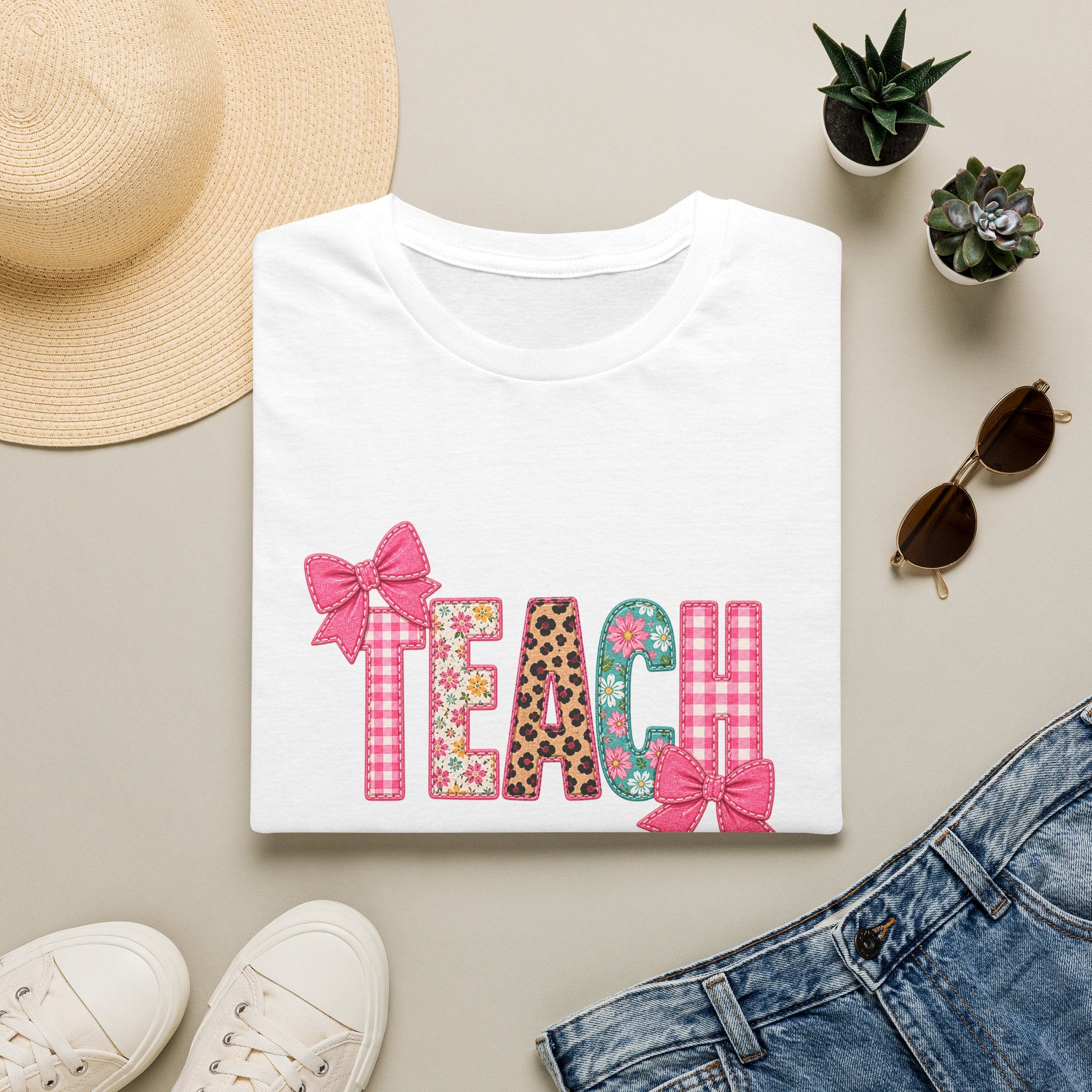 Floral Leopard TEACH T-Shirt — Cute Back-to-School Gift for Teachers Pink Bow Tee