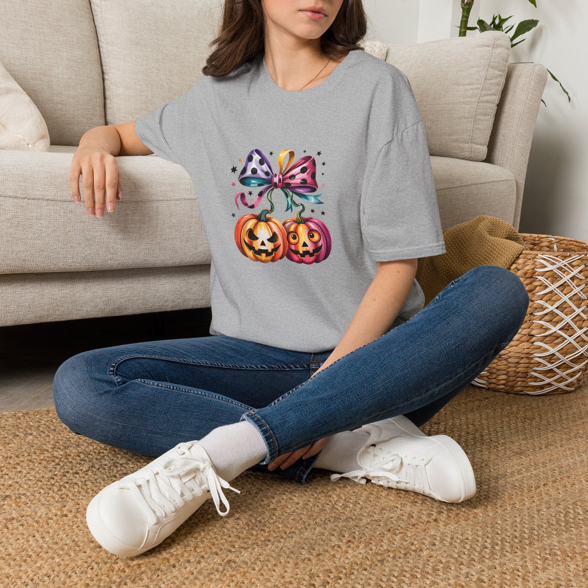 Halloween Pumpkin Bow T-Shirt — Cute Colorful Gift for Women Jack-O'-Lantern Tee