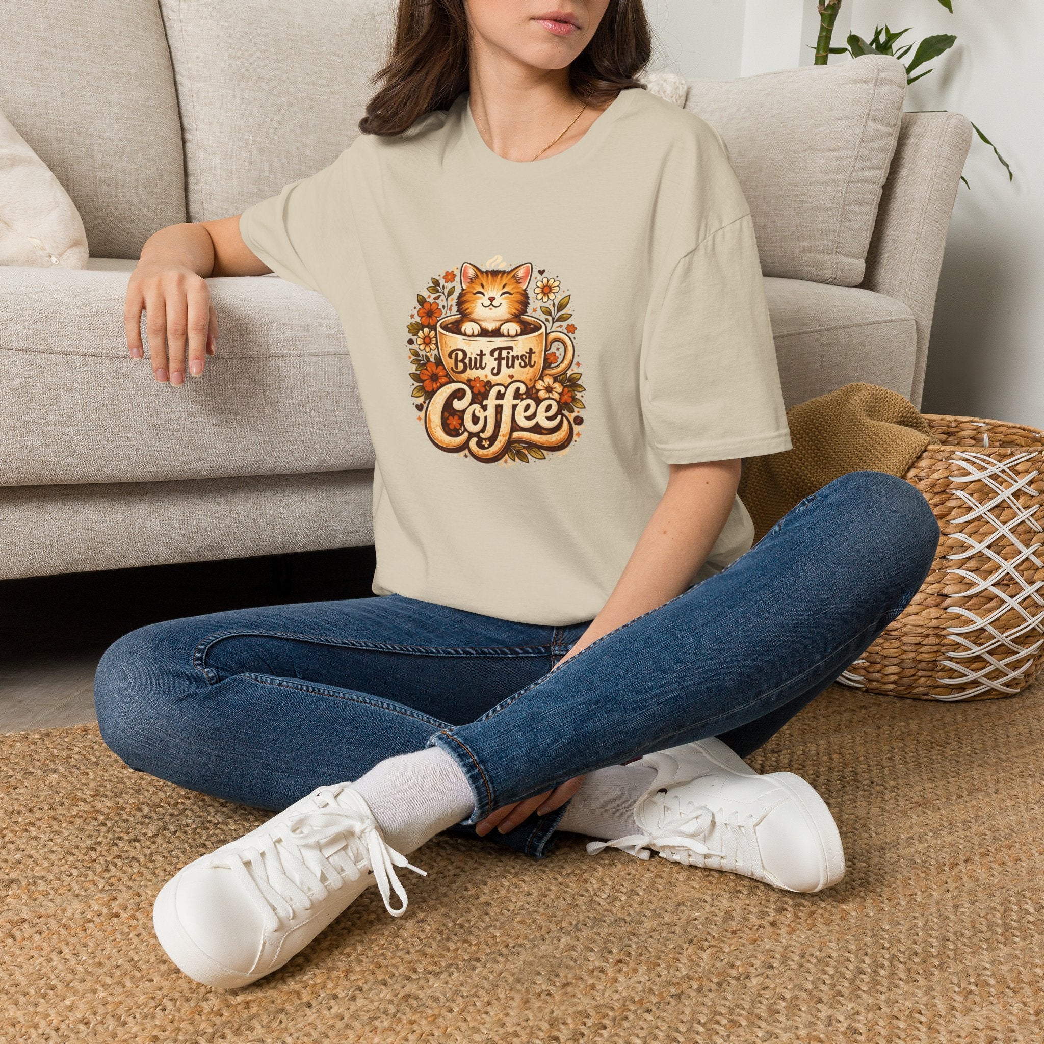 But First Coffee Cat T-Shirt — Cute Floral Gift for Coffee Lovers Women's Tee