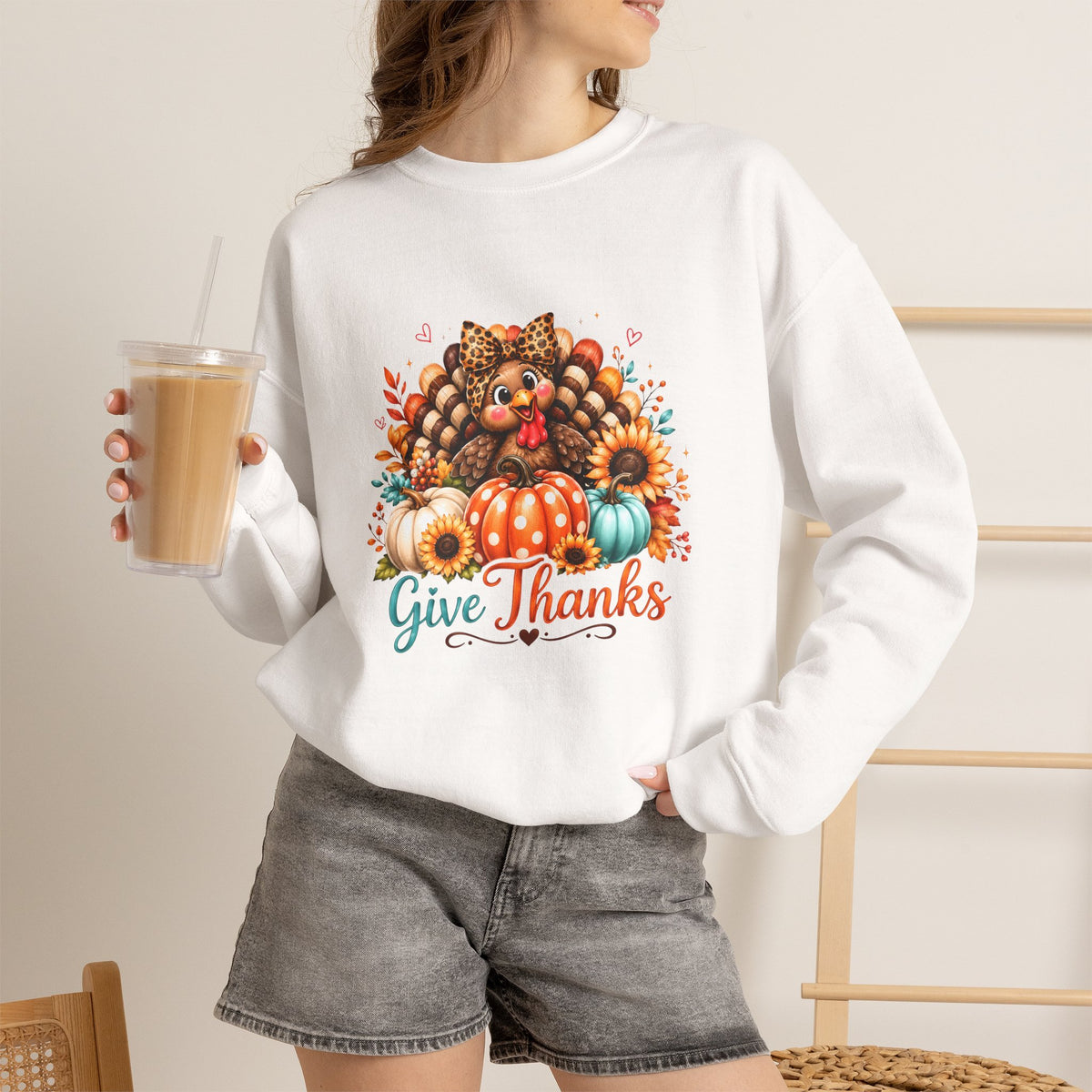 Sweatshirt — "Give Thanks" Autumn Turkey & Pumpkin Thanksgiving Crewneck