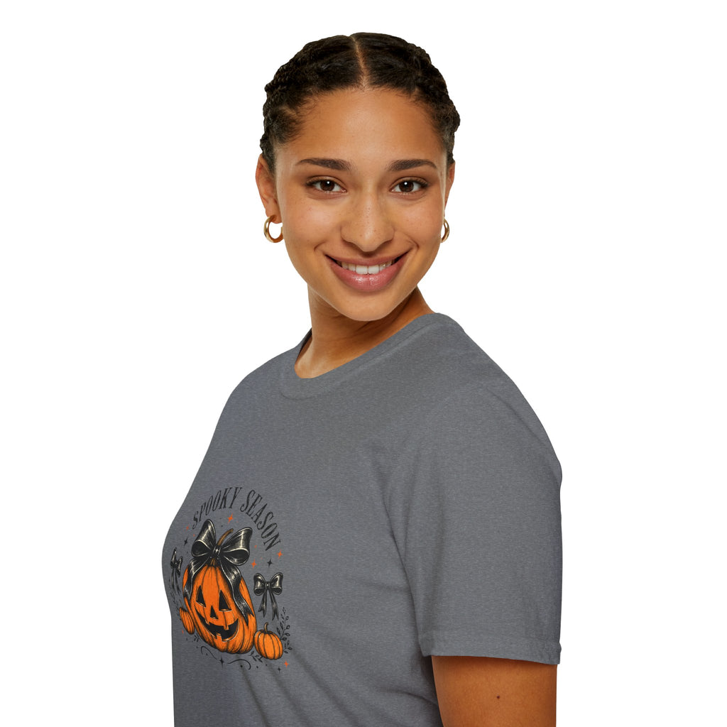 Spooky Season Jack-O'-Lantern Bow T-Shirt — Cute Halloween Gift for Women Graphic Tee