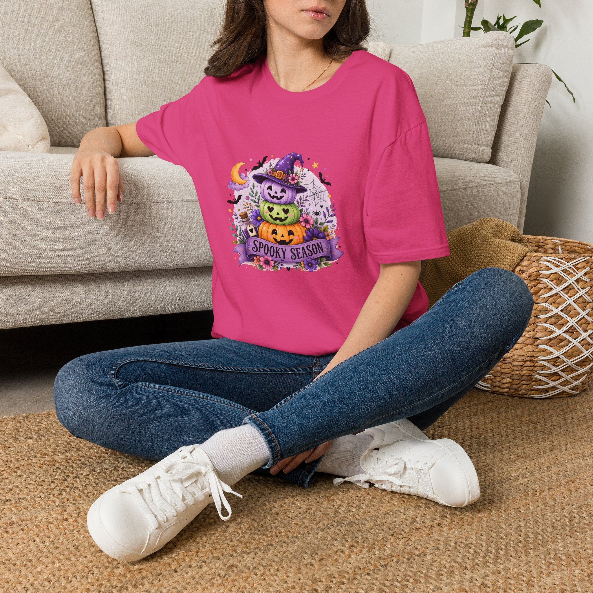 Spooky Season Pumpkin Stack T-Shirt — Cute Halloween Gift for Women Witch Hat Tee