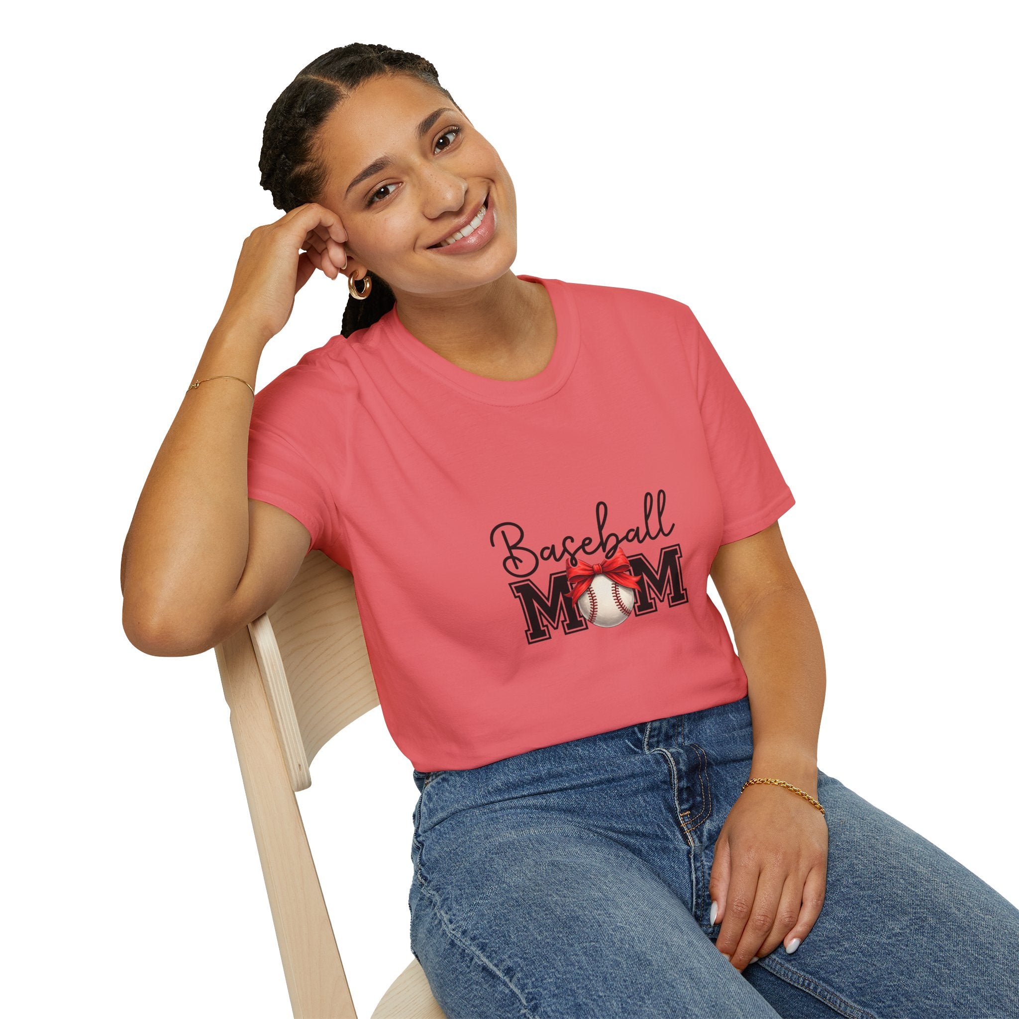 Baseball Mom T-Shirt — Cute Red Bow Gift for Sports Moms Game Day Graphic Tee