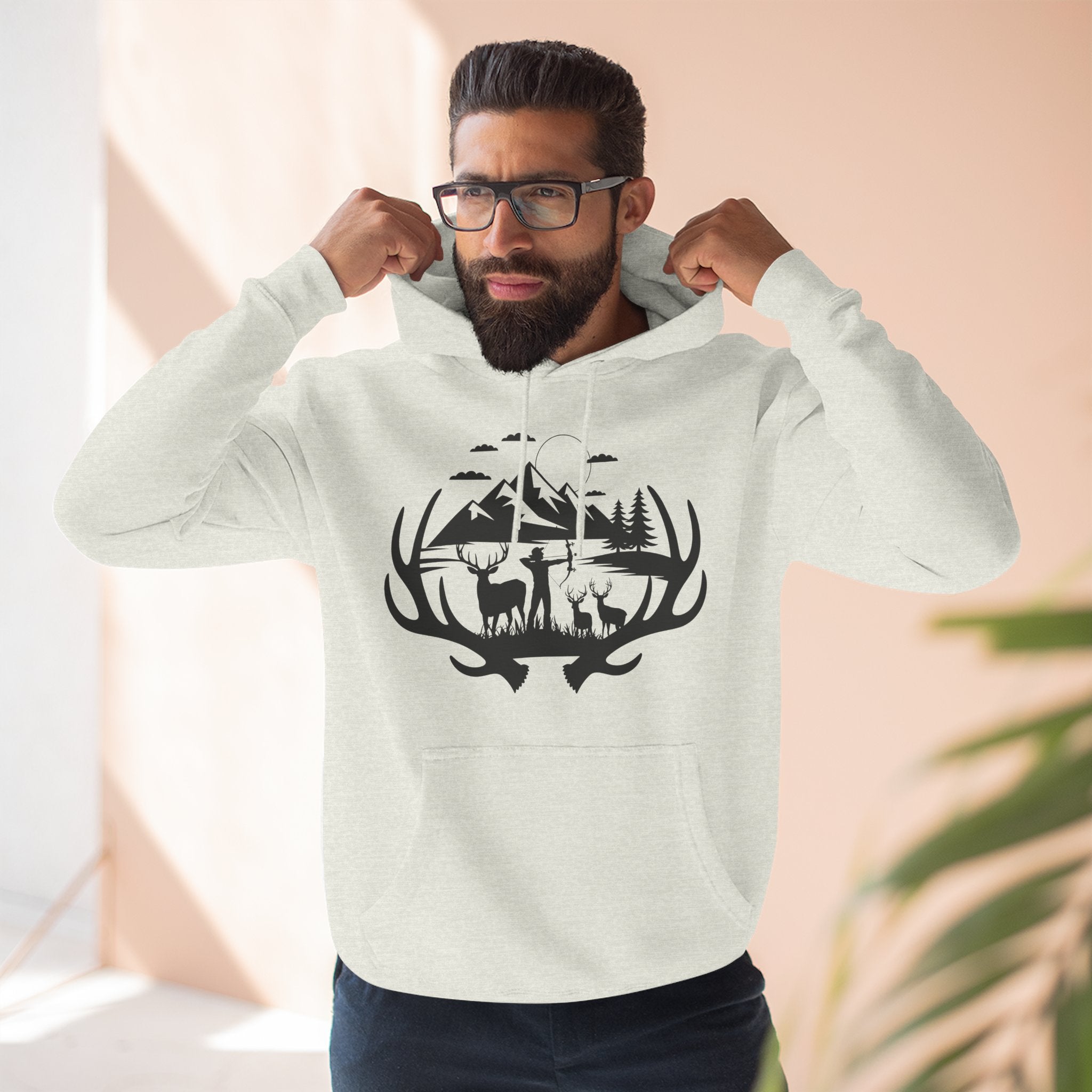 Deer Antler Mountain Hoodie — Rustic Outdoor Gift for Him Wildlife Graphic Pullover