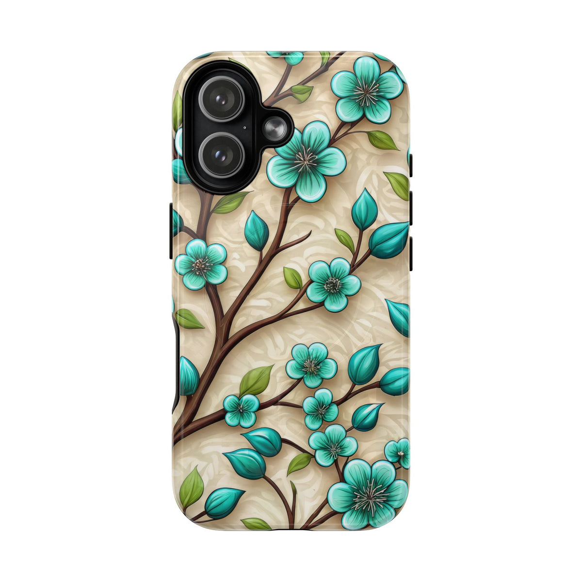 Floral Teal Blossom Tough Magnetic iPhone Case — MagSafe Protective Cover