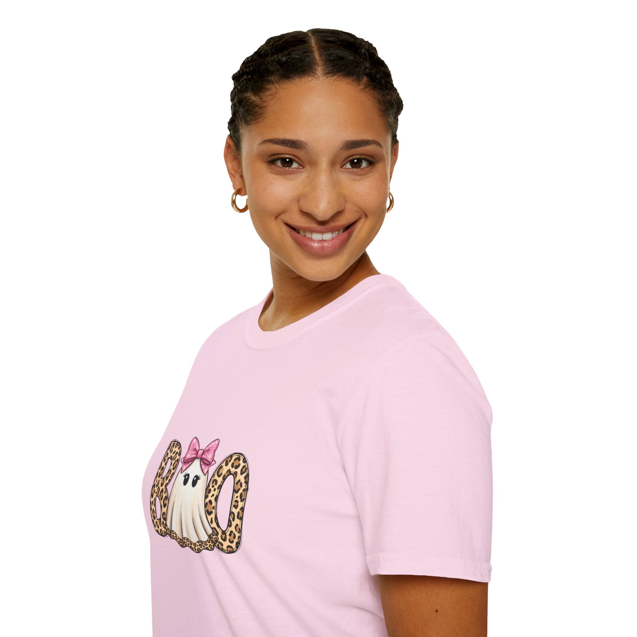 Boo Leopard Ghost T-Shirt — Cute Pink Bow Halloween Gift for Women Graphic Tee
